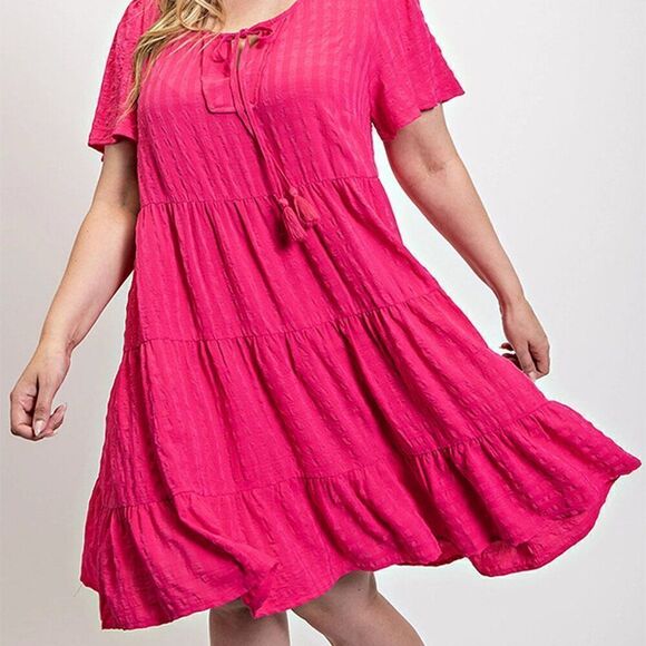 Plus Size Textured Woven Tiered Dress With Tassel Tie And Pockets - Picture 3 of 4